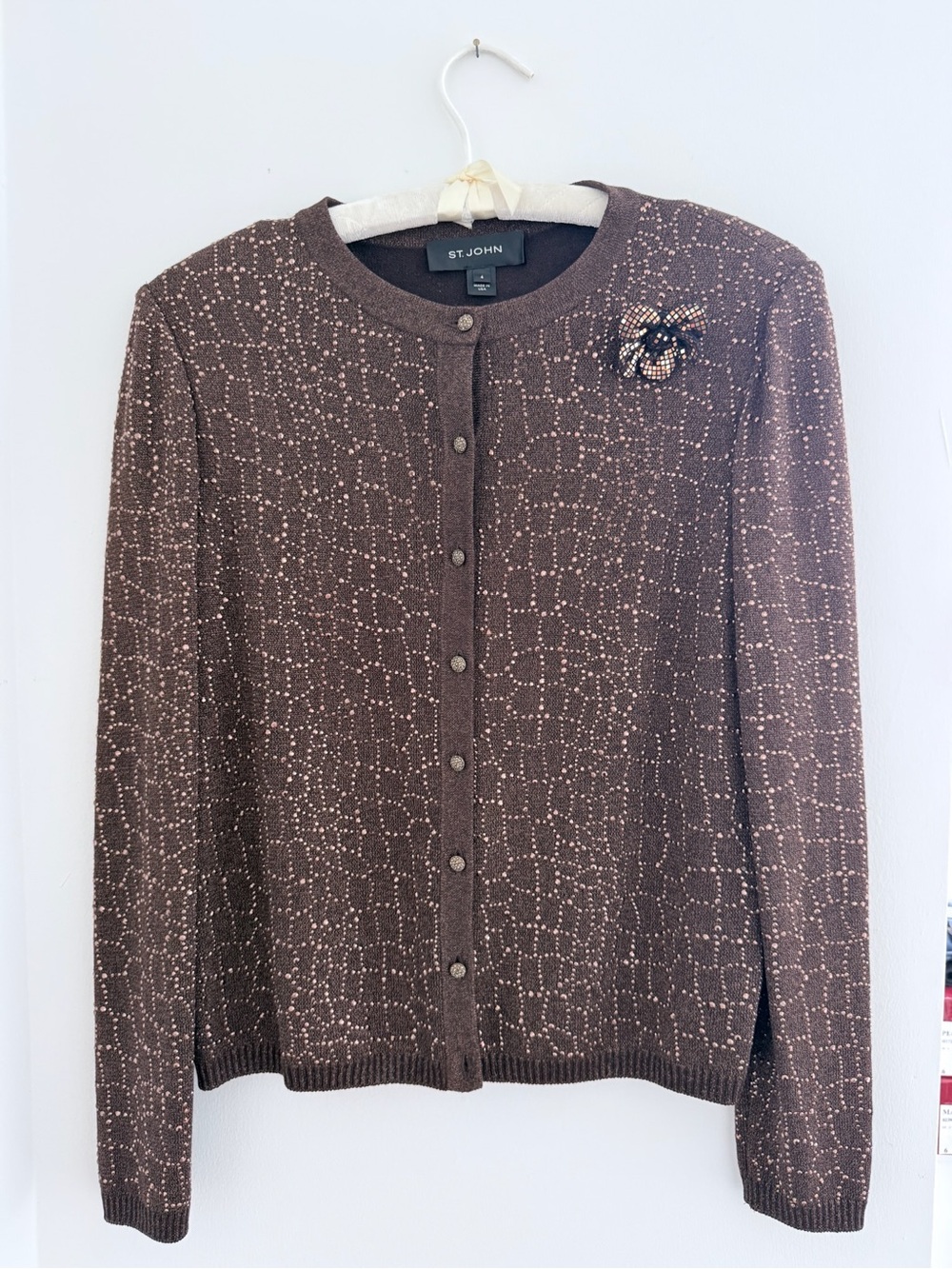 St. John Brown Knit Cardigan Embellished Sz 4